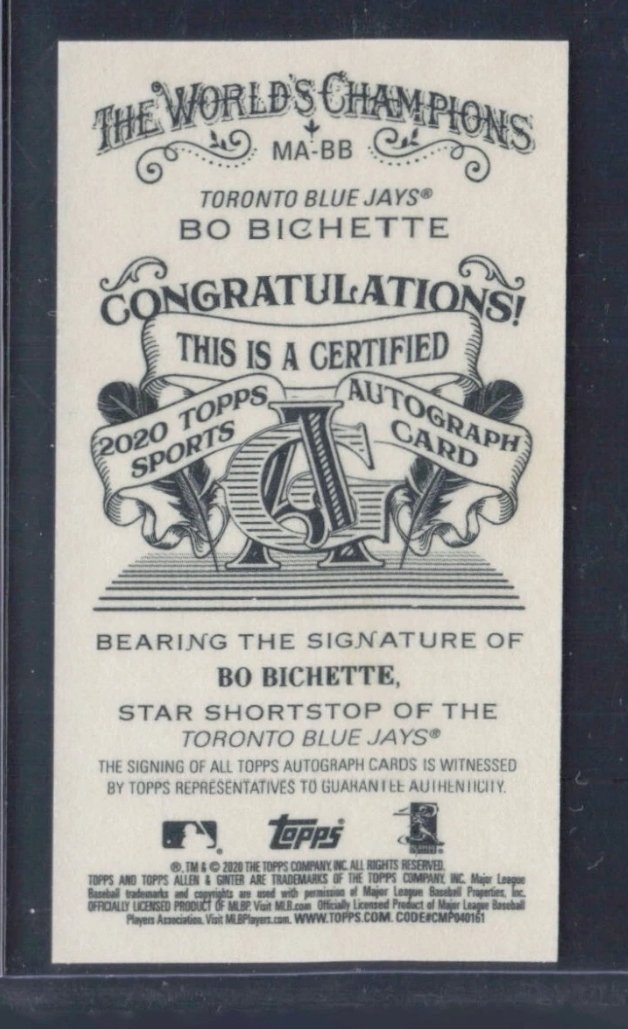 Tonight's Bo Bichette Auto addition... 2020 Topps Allen &amp; Ginter mini The Worlds Champions Auto. <a href="/CardPurchaser/">Card Purchaser</a> <a href="/CardsCottage/">CottageCountryCards</a> <a href="/zesty_mate/">Sarah Garrett</a>