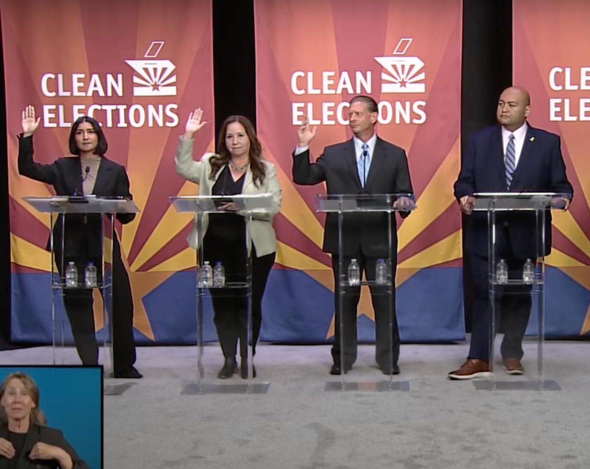 Adelita for Congress (@adelitaforaz) on Twitter photo “Who on this stage will pledge to not accept corporate PAC money?” “Who on this stage will pledge to not accept corporate PAC money?”