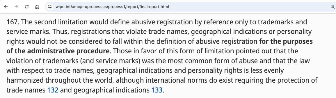 John Berryhill (@berryhillj) on Twitter photo <a href="/DomainGoodness/">Domain Goodness</a> Arguing this was not a good idea: "(1) trade name protection is afforded upon the same basic principles as applied to trademarks". Umm... the UDRP was drafted purposefully to exclude mere trade names: wipo.int/amc/en/process… <a href="/DomainGoodness/">Domain Goodness</a> Arguing this was not a good idea: "(1) trade name protection is afforded upon the same basic principles as applied to trademarks". Umm... the UDRP was drafted purposefully to exclude mere trade names: wipo.int/amc/en/process…