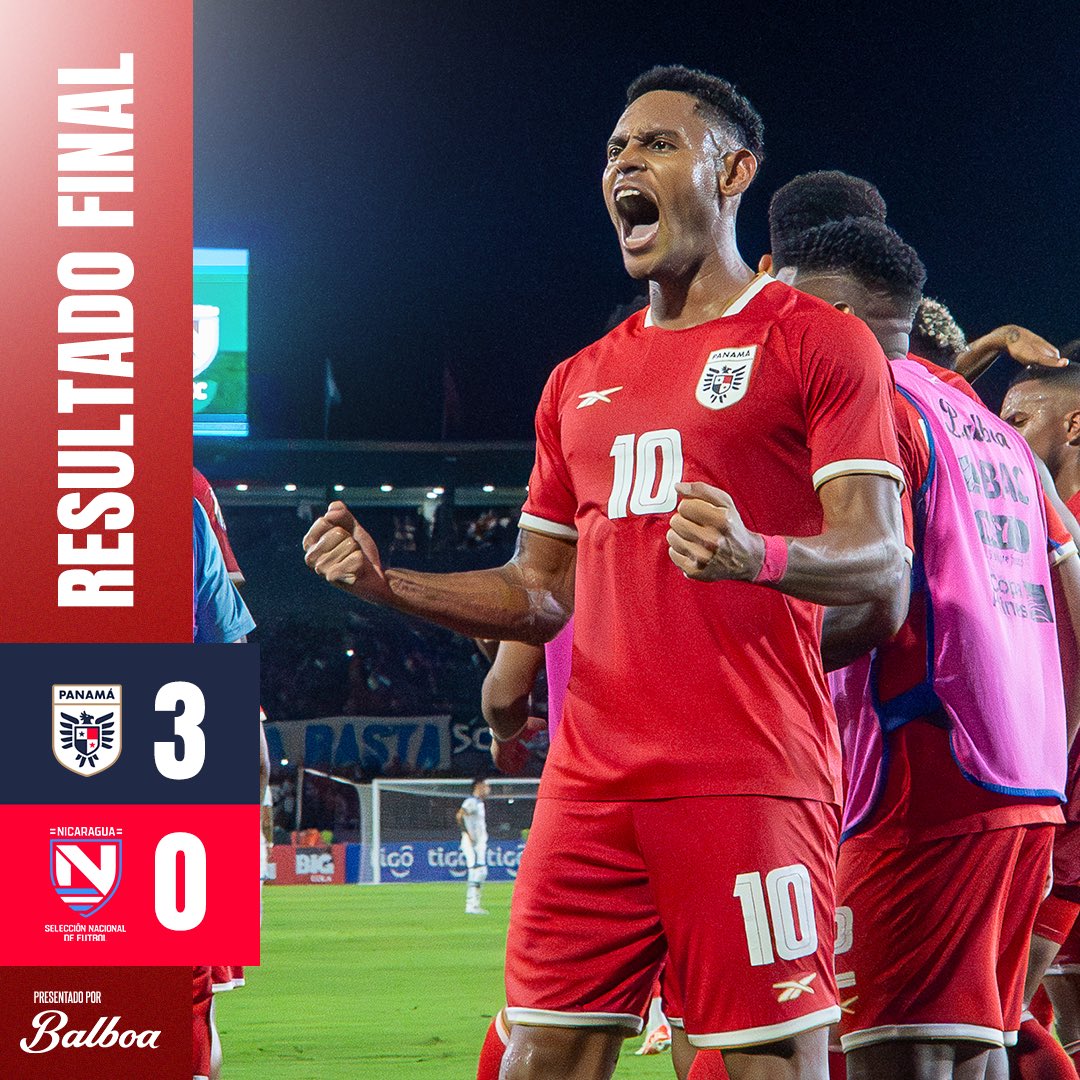 ¡🔥VICTORIA Y LÍDERES 🇵🇦!

Termina el partido con la victoria #PanamáMayor🇵🇦 ante Nicaragua 🇳🇮 para cerrar con paso PERFECTO el grupo D en las Eliminatorias rumbo al <a href="/FIFAWorldCup/">FIFA World Cup</a> 2026 🏆.

⚽️César Yanis, Ismael Díaz y Eric Davis los goleadores 🔥.

#MásPanameñosQueNunca🇵🇦