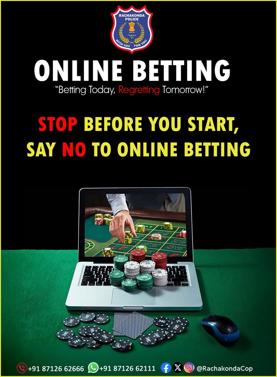 #TodaysThemePoster

Online Betting
"Betting Today, Regretting Tomorrow!"
Stop Before You Start.
#SayNoToOnlineBetting

#RachakondaPolice