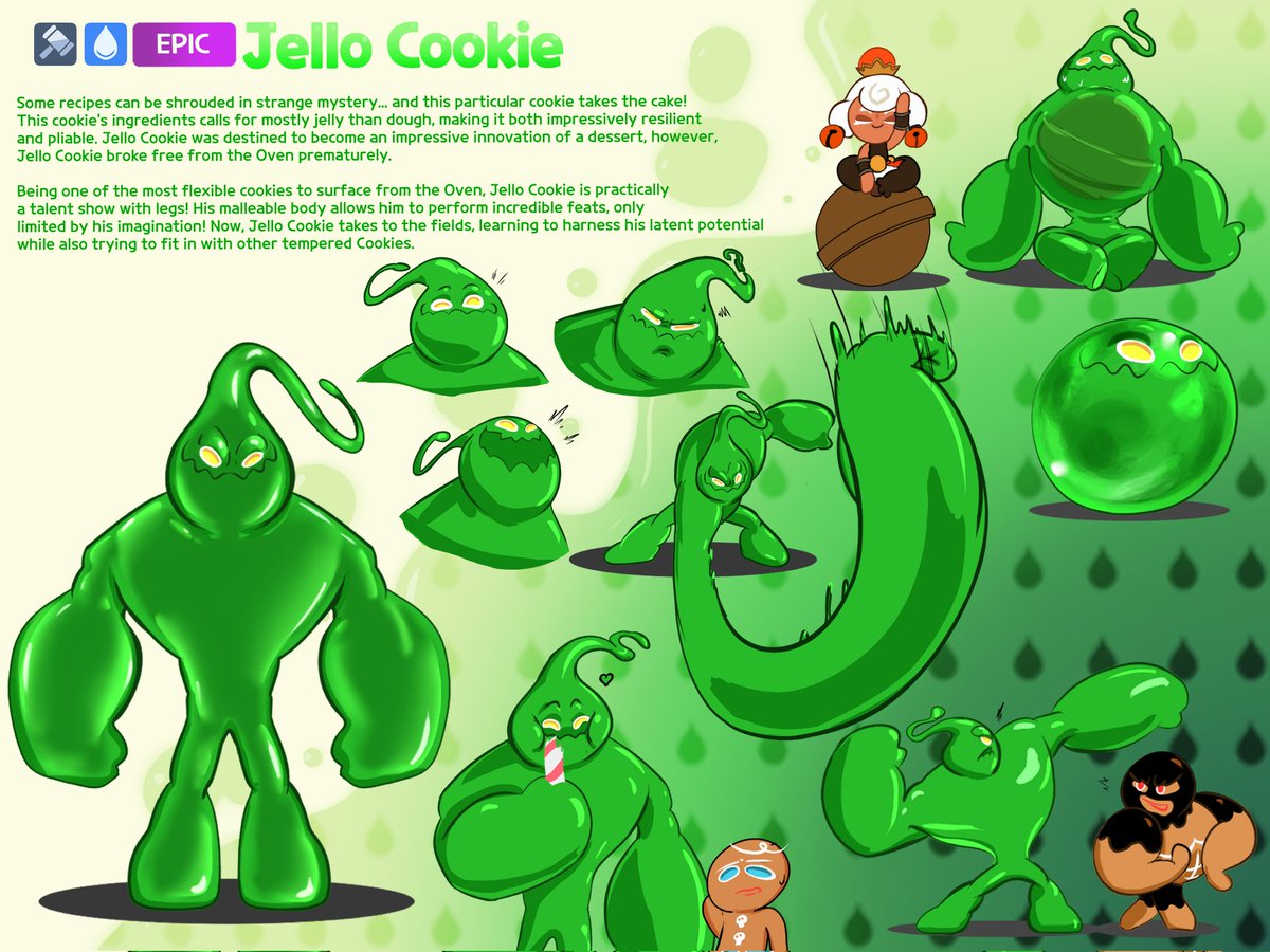 sorry i havent posted in a while, i recently acted on an old idea of zac in a cookie run style. meet jello cookie, a combatnant that can bend but not crumble! 

i only ever got into the franchise through tower of adventure like a year ago. it was fun! hes a lil silly but cool :)