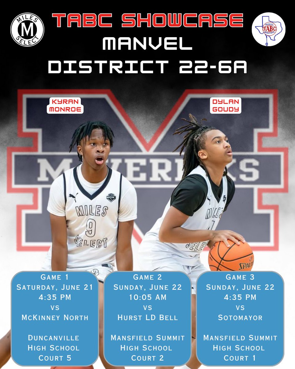 Miles Select (@milesselect) on Twitter photo Best of luck to our guys from Manvel next weekend at TABC! <a href="/ManvelBasketbal/">Manvel Basketball</a> <a href="/htxfavoritepg/">Dylan Goudy</a> <a href="/MonroeKyran12/">Kyran Monroe</a> Best of luck to our guys from Manvel next weekend at TABC! <a href="/ManvelBasketbal/">Manvel Basketball</a> <a href="/htxfavoritepg/">Dylan Goudy</a> <a href="/MonroeKyran12/">Kyran Monroe</a>