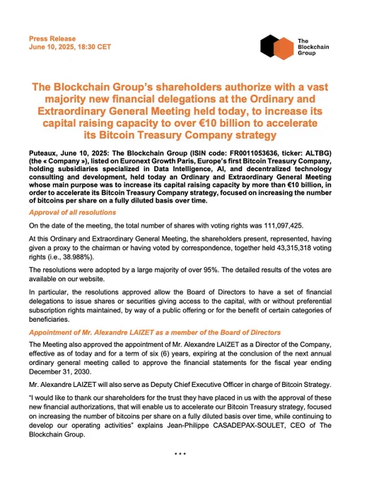 π¨ BREAKING: π La Blockchain Group: approvato aumento di capitale oltre 10 miliardi di euro per acquistare Bitcoin!