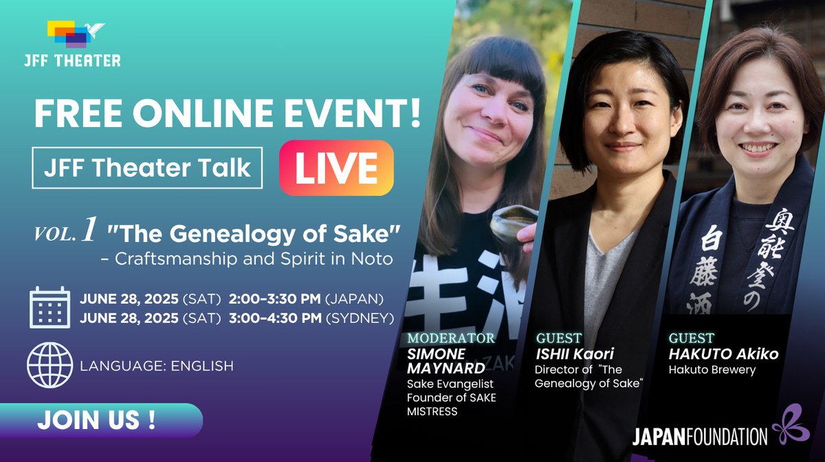 在メルボルン日本国総領事館 (@japan_in_mel) on Twitter photo Are you a sake lover? <a href="/JPFSydney/">The Japan Foundation, Sydney</a> is hosting a hybrid talk event on Sat 28 June focusing on the documentary film, The Genealogy of Sake, directed by Kahori Ishii, which is being shown at JFF Theatre (<a href="/jfftheater/">JFF Theater | Moved, Touched & Inspired</a>). You can attend in person or online.
See: sydney.jpf.go.jp/events/the-gen… Are you a sake lover? <a href="/JPFSydney/">The Japan Foundation, Sydney</a> is hosting a hybrid talk event on Sat 28 June focusing on the documentary film, The Genealogy of Sake, directed by Kahori Ishii, which is being shown at JFF Theatre (<a href="/jfftheater/">JFF Theater | Moved, Touched & Inspired</a>). You can attend in person or online.
See: sydney.jpf.go.jp/events/the-gen…
