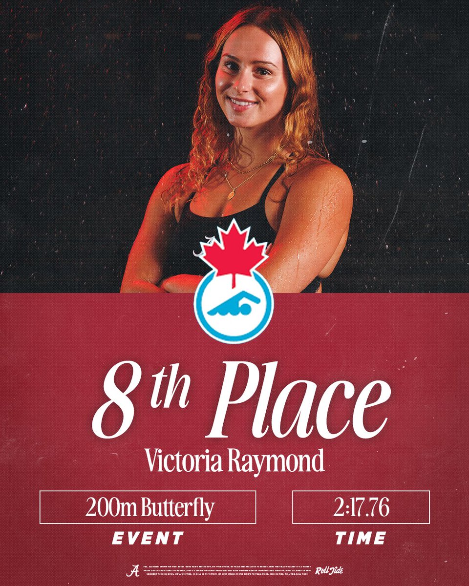 AlabamaSwimDive's tweet image. An eighth-place finish for Victoria Raymond at the Canadian Swimming Trials 🔥
Victoria clocked a time of 2:17.76 in the championship heat of the 200m butterfly!
#RollTide #BamaSpeed
