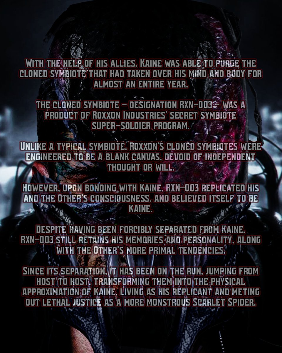 An independent portrayal of K̷a̷i̷n̷e̷ ̷P̷a̷r̷k̷e̷r̷/̷S̷c̷a̷r̷l̷e̷t̷ ̷S̷p̷i̷d̷e̷r̷ a cloned symbiote believing itself to be Kaine Parker/Scarlet Spider, set in an alternate Marvel universe.

🕷 Serious/Detailed/Literate RP
🕷 Dark/Mature/NSFW Themes
🕷 MDNI

#MarvelRP #MVRP