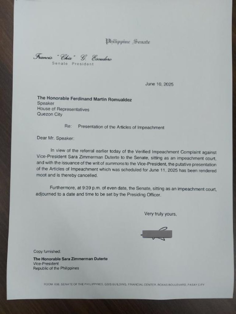 Senate President Francis Escudero writes House of Representatives to inform it of the cancellation of the reading of the  articles of impeachment against VP Sara Duterte