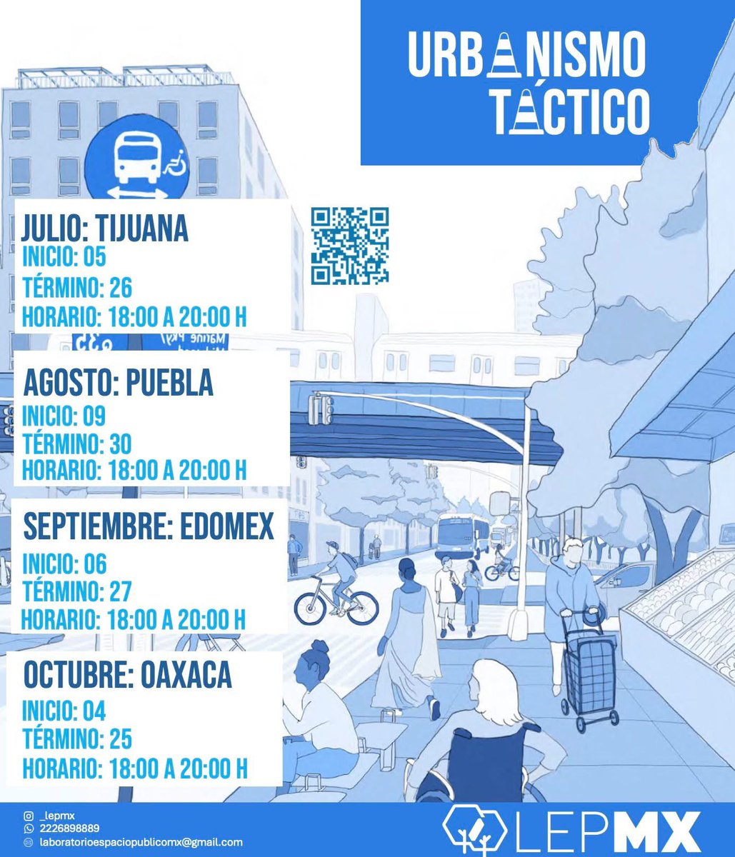Convocatoria de talleres e intervenciones de Urbanismo Táctico junio a octubre. Cada curso tiene un cupo limitado de 20 personas.
Enlace de inscripción: forms.gle/h4XtddtfUoEXvn…