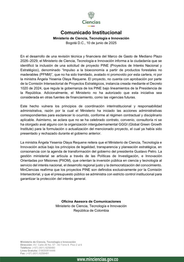 📢 #MinCiencias no ha tramitado, avalado ni gestionado un proyecto PINE sobre productos forestales no maderables, ni ha solicitado su financiación por otras fuentes.
Rechazamos el uso indebido de la institucionalidad y ratificamos nuestro compromiso con la transparencia.