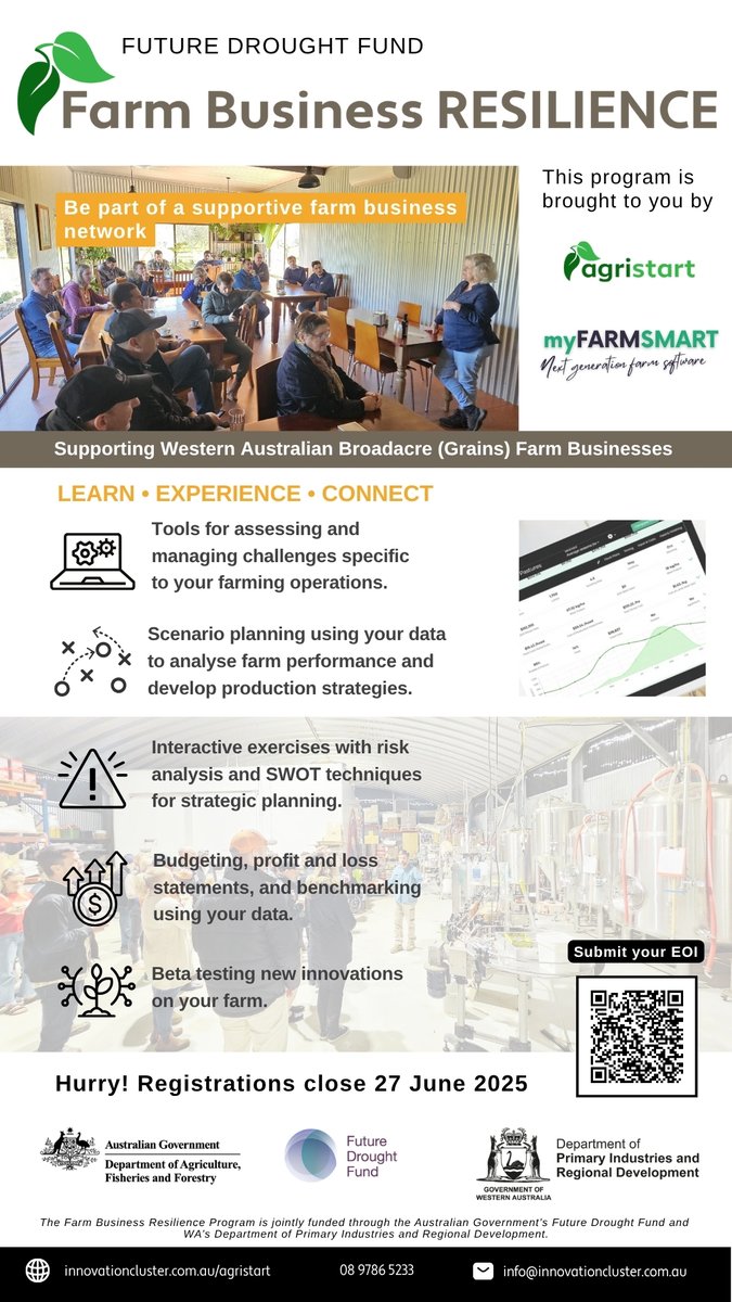 The Farm Business Resilience (FBR) Program

Register EOI here. Closes soon. innovationcluster.com.au/farm-business-…

Navigate market fluctuations, climate variability, and generational change to create a comprehensive farm business plan for long-term success. 

agric.wa.gov.au/FutureDroughtF…