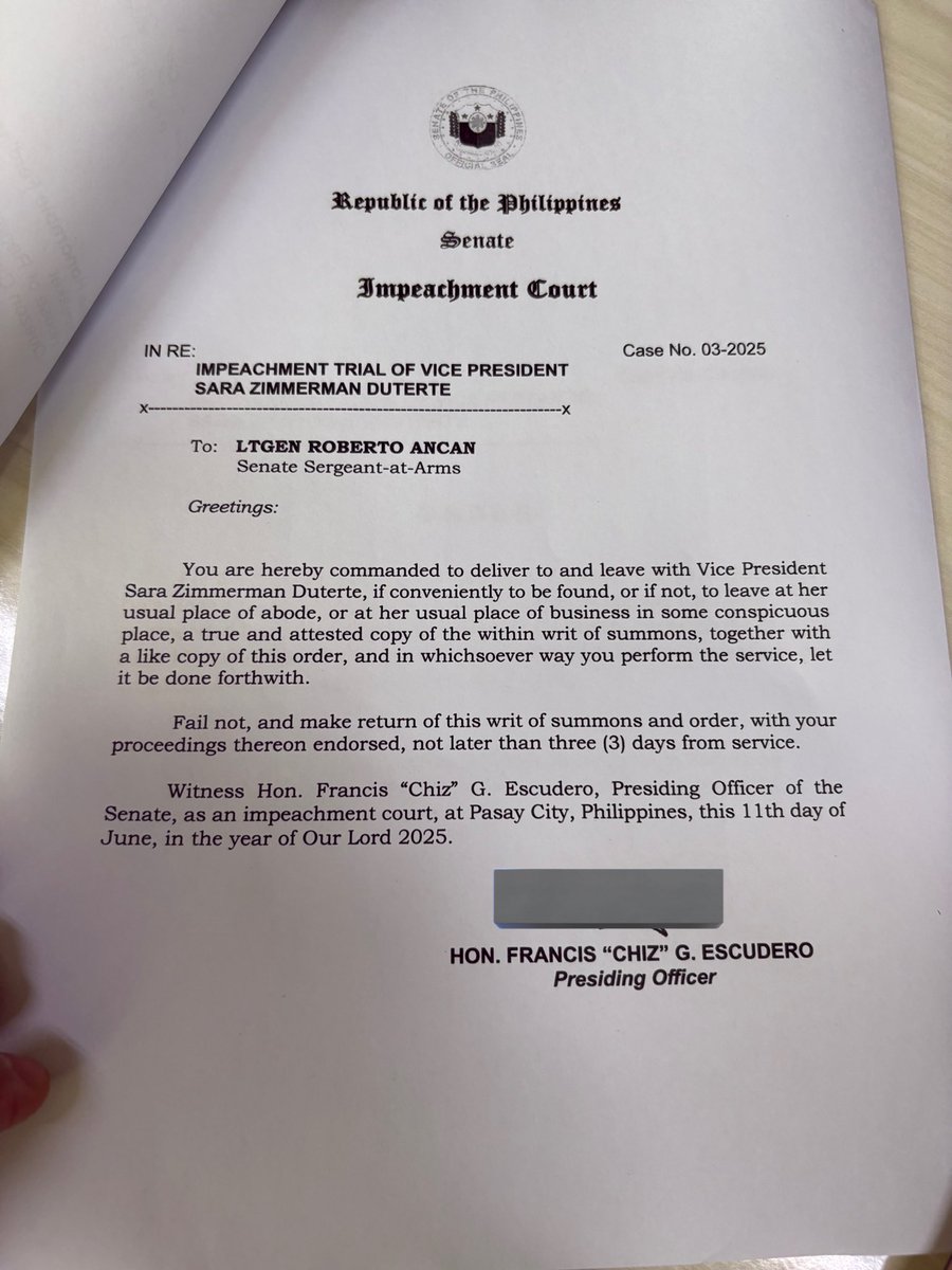 Senate Pres. Escudero orders Sergeant at Arms to serve Writ of Summons to VP Sara Duterte