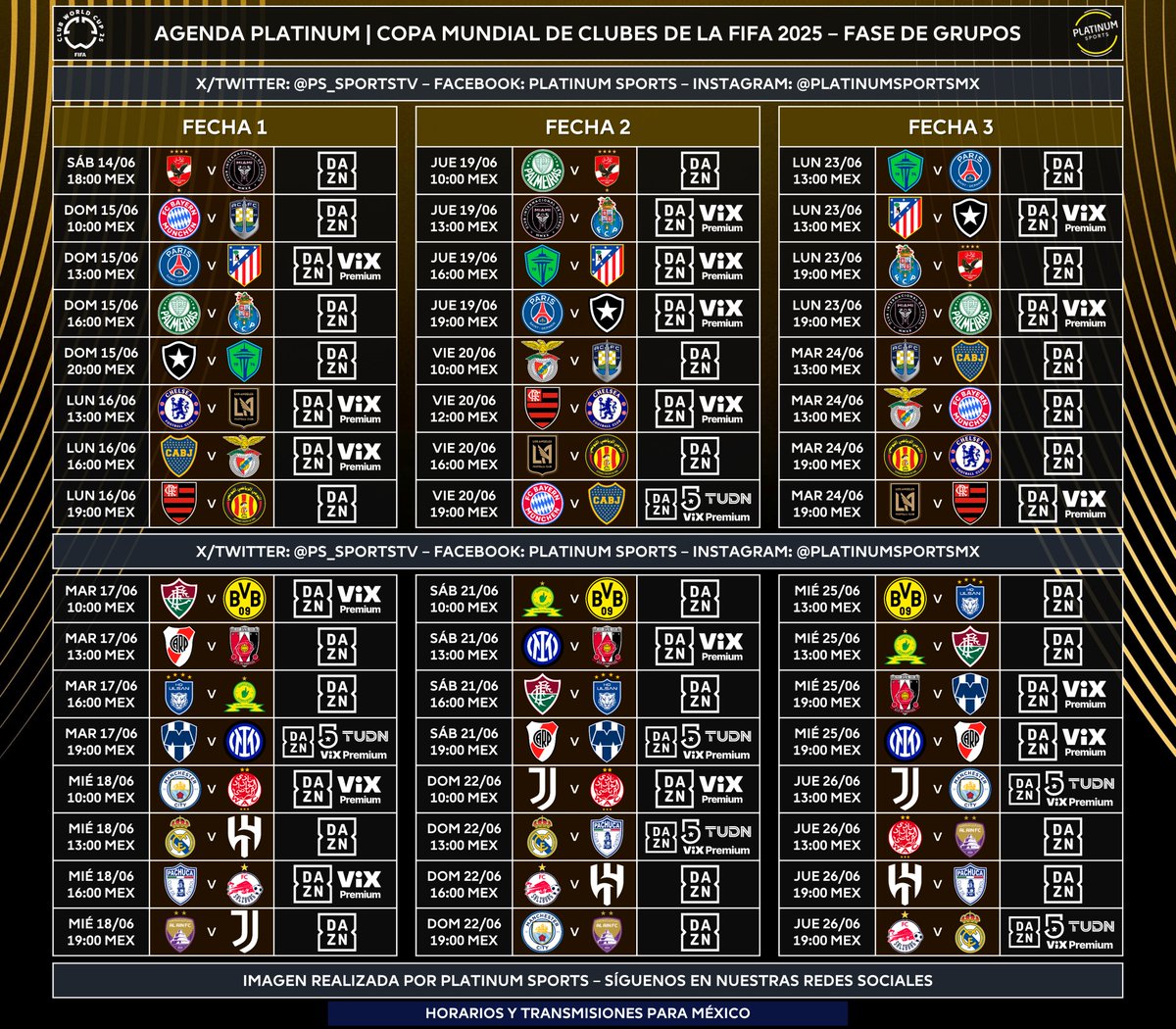 🚨 #ACTUALIZACIÓN | CALENDARIO DEL MUNDIAL DE CLUBES 2025 PARA MÉXICO

⚽️ #AgendaPLATINUM - #FIFACWC 
🏆 Copa Mundial de Clubes de la FIFA 2025 - Fase de Grupos

➡️ Todos los partidos disponibles en DAZN.
⏰📺 Horarios y transmisiones para México 🇲🇽
⚠️ Sujeto a cambios.