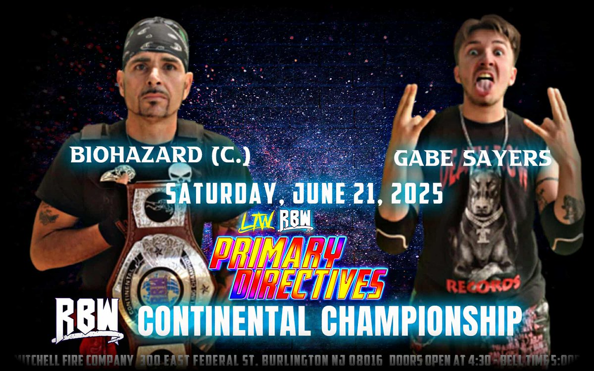We are proud to announce our RBW Matches for the LTW/RBW Primary Directives Live Wrestling Event on June 21st in Burlington NJ at the Mitchell Fire Company !

Four banger matches for the RBW Brand on our first ever Live Event since becoming part of LTW !

Get your tickets now !
