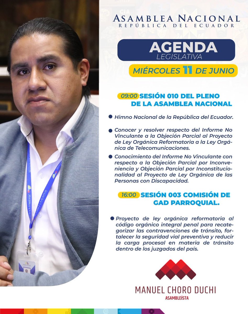 Compartimos la agenda legislativa prevista para el día de mañana.

#ManuelChoroDuchiAsambleísta
#AsambleaNacional  
#Pachakutik 
#Cañar