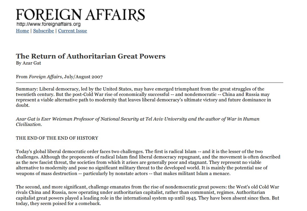 Credit where it is due. 

Twenty years ago, many assumed that China and Russia were going to liberalize and democratize. (As would the Middle East.)

This 2007 article clearly stated they would not.