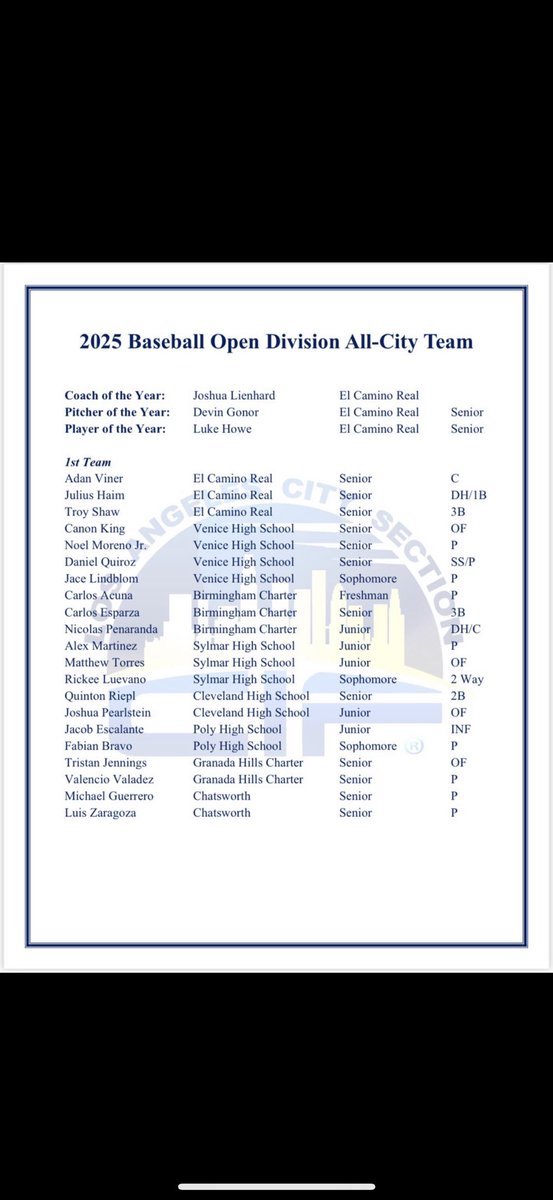 Congrats to Carlos Esparza ‘25 Nicolas Penaranda ‘26 and Carlos Acuna ‘28 for making the 2025 Open Division All City Baseball Team