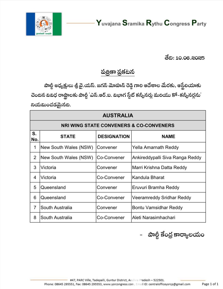 Sambasiva Reddy Aluru (@alurusamba) on Twitter photo 📢 Official Announcement – YSRCP NRI Wing | Australia
With the kind approval of our Party <a href="/YSRCParty/">YSR Congress Party</a> President and beloved leader <a href="/ysjagan/">YS Jagan Mohan Reddy</a> Sri Y. S. Jagan Mohan Reddy garu, we are pleased to announce the appointment of State Conveners and Co-Conveners for the YSRCP NRI Wing 📢 Official Announcement – YSRCP NRI Wing | Australia
With the kind approval of our Party <a href="/YSRCParty/">YSR Congress Party</a> President and beloved leader <a href="/ysjagan/">YS Jagan Mohan Reddy</a> Sri Y. S. Jagan Mohan Reddy garu, we are pleased to announce the appointment of State Conveners and Co-Conveners for the YSRCP NRI Wing