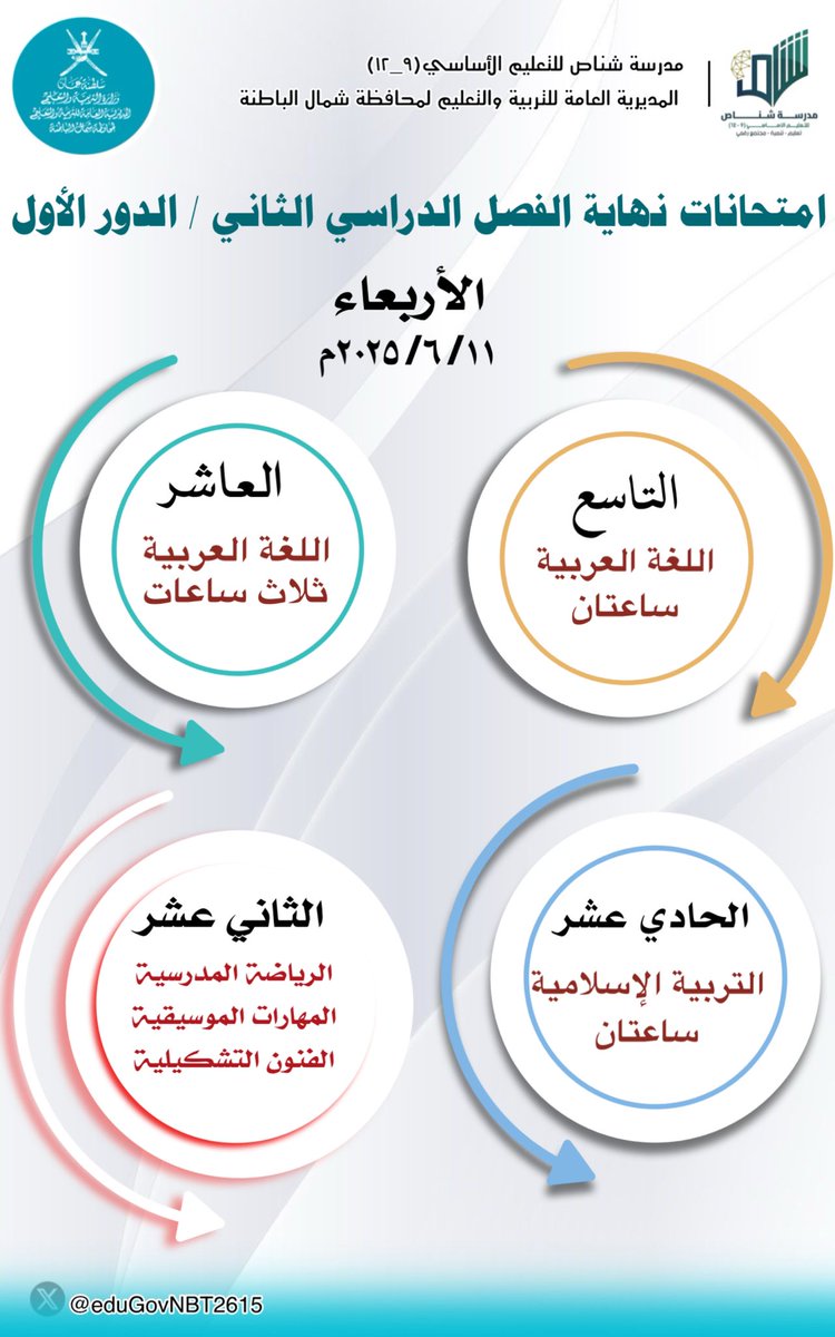 امتحانات نهاية الفصل الدراسي الثاني / الدور الأول
 الأربعاء   ١١ /٦ /٢٠٢٥م.
#تعليم_مستدام 
#فعاليات_تعليمية_شمال_الباطنة