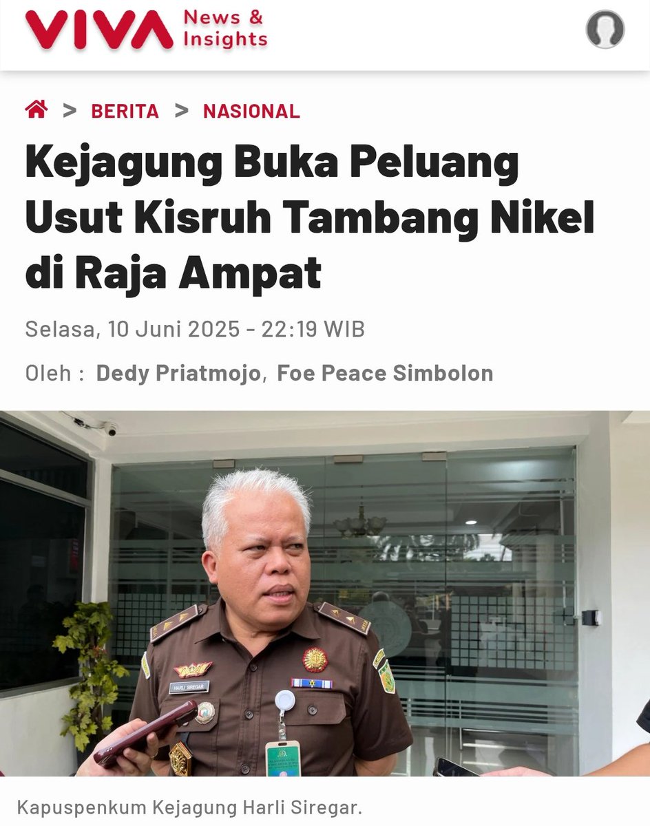 Pagii
Jgn lupa Sarapan🤗

Kejagung membuka peluang besar utk mengusut potensi adanya pelanggaran dari aktivitas penambangan di daerah di luar Raja Ampat, Papua Barat Daya
Kejaksaan akan mengusut jika ada laporan pengaduan terkait polemik ini

Jepang Jepun Qatar Gacoan Kalah Seiko