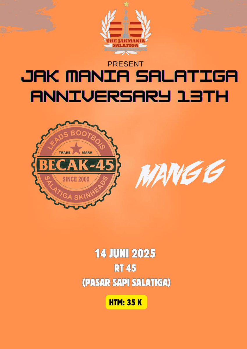 oyenxciyus's tweet photo. *Hajatan Jakmania Salatiga*‼️

Dalam Rangka Anniversary Jakmania Salatiga yang ke 13 Tahun Kami akan mengadakan Acara Tasyakuran dan Live music

*_Spesial Perfom_*
~ *_Becak 45_*
~ *Mang G*

📆 : Sabtu,14 Juni 2025
⏱ : 19.00 - Selesai
📍 : Rt 45 ( Pasar Sapi ) https://t.co/6YnkAPtokF