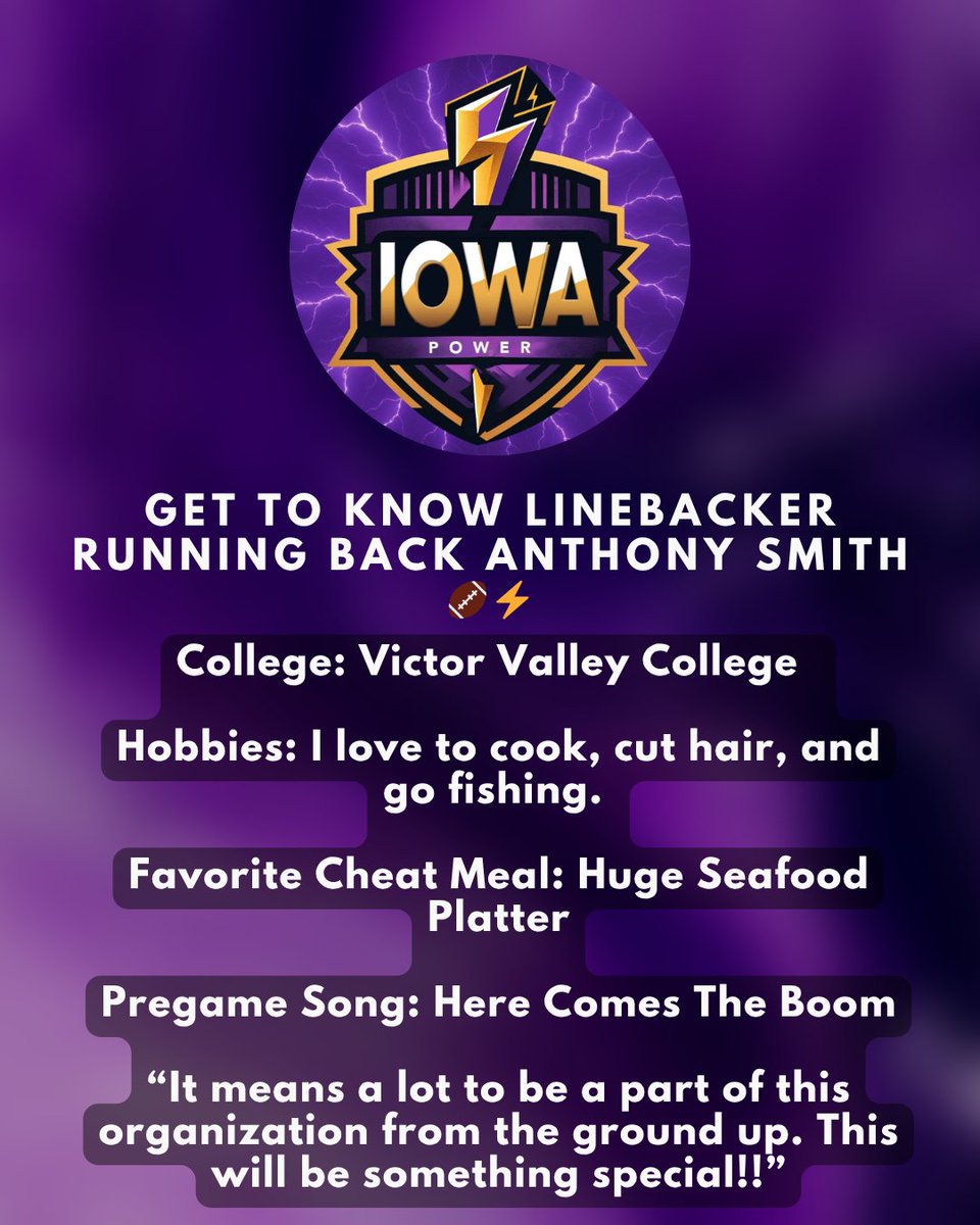 Iowa_Power's tweet image. Fans, get ready to cheer loud for Anthony! He’s here to bring the heat. 🔥
#IowaPower #ArenaGameDay #MeetThePlayer #PowerNation #FanReady #IndoorLeague #DubuqueStrong