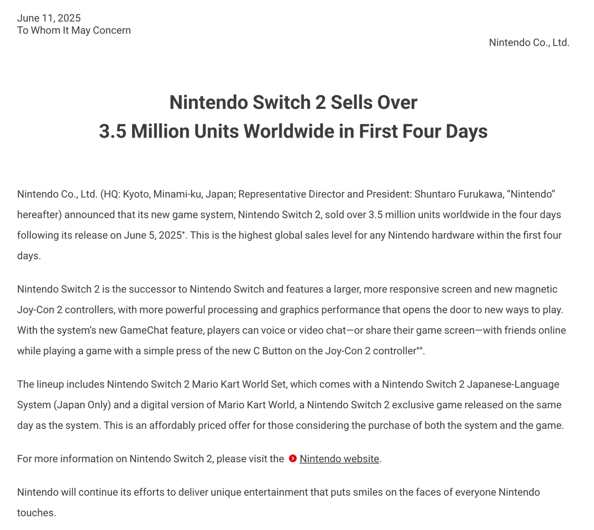 Nintendo Switch 2 sold more than 3.5 million units in four days, making it the fastest-selling console of all-time

For reference, Nintendo Switch 1 sold 2.74 million units in the first month