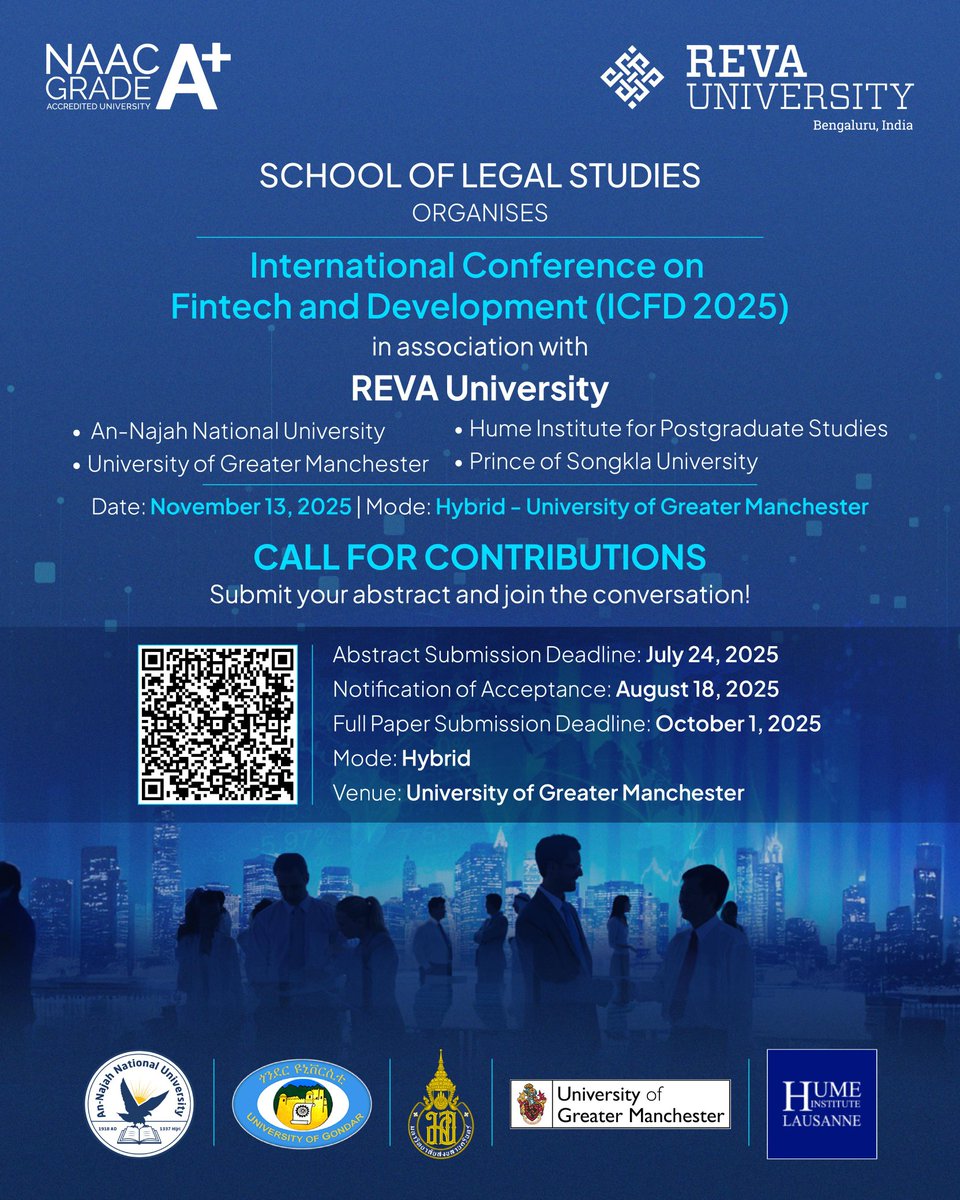 REVA University’s School of Legal Studies, in collaboration with leading global institutions, invites you to the International Conference on Fintech and Development (ICFD 2025).

Join legal scholars, policy thinkers and tech innovators to explore the evolving intersection of law,