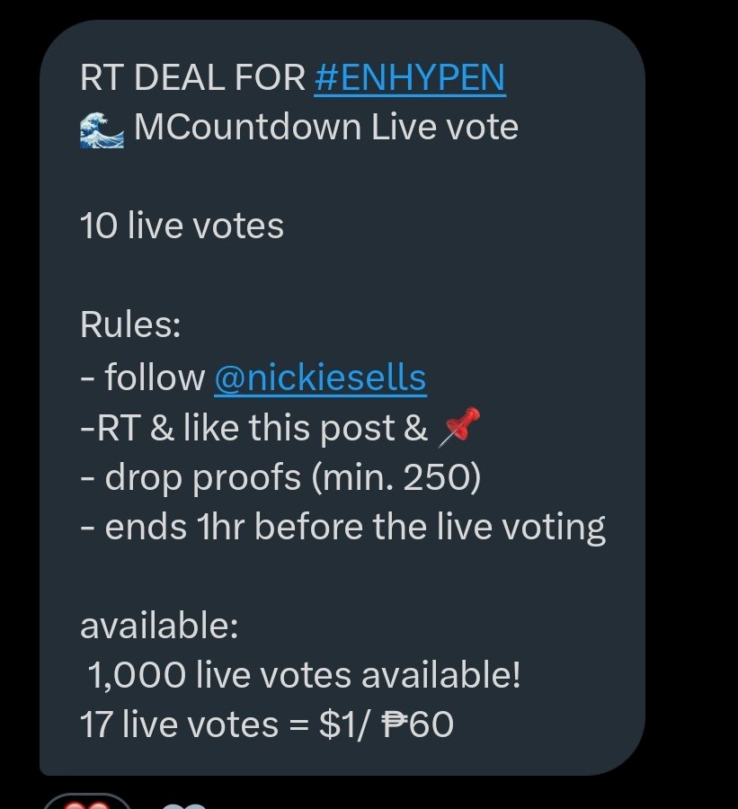 𝐣𝐚𝐢 희승 (@loveheemi) on Twitter photo RT DEAL FOR #ENHYPEN
🌊 MCountdown Live vote
10 live votes
Rules:
- follow <a href="/nickiesells/">nickiesells</a>
-RT & like this post & 📌
- drop proofs (min. 250)
- ends 1hr before the live voting
available:
1,000 live votes available!
17 live votes = $1/ ₱60 RT DEAL FOR #ENHYPEN
🌊 MCountdown Live vote
10 live votes
Rules:
- follow <a href="/nickiesells/">nickiesells</a>
-RT & like this post & 📌
- drop proofs (min. 250)
- ends 1hr before the live voting
available:
1,000 live votes available!
17 live votes = $1/ ₱60
