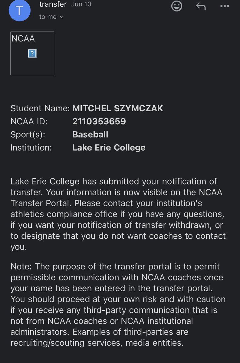 M1tchtwenty6's tweet photo. I have decided to enter the transfer portal from Lake Erie College with 1 year left of eligibility plus 1 red-shirt year.

C/3rd

Phone- 216-224-3650
Email- Mitchtwenty6@gmail.com https://t.co/E4HFABRf4d