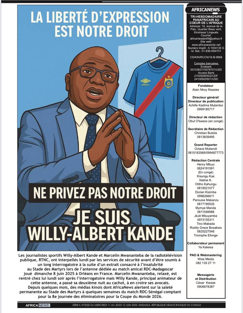 #RDC Pour avoir alerté sur la saleté qui règne au stade des martyrs à quelques jours du Match RDC vs Sénégal,le confrère Willy- Albert de la RTNC a passé sa deuxième nuit au cachot (Africanews)
Ni Bia Nguvu