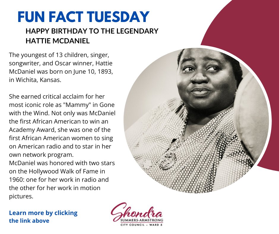 Today we celebrate Hattie McDaniel—the first Black woman to win an Oscar for Gone with the Wind. Did you know she has two stars on the Hollywood Walk of Fame?

Learn more about her legacy:
mailchi.mp/shondraarmstro…