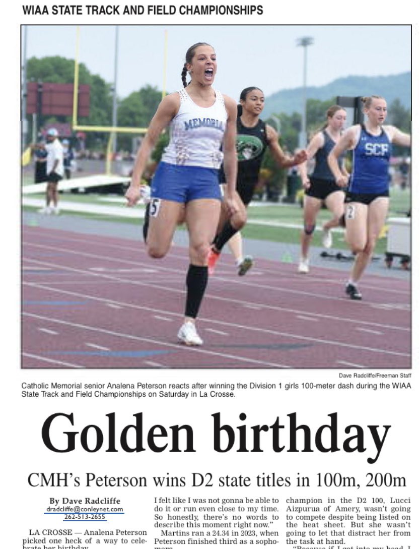 CMH’s Analena Peterson takes home the State Championship Gold in the 100 meter and 200 meter races!!! waukeshafreeman-wi.newsmemory.com/?publink=12ad8…
