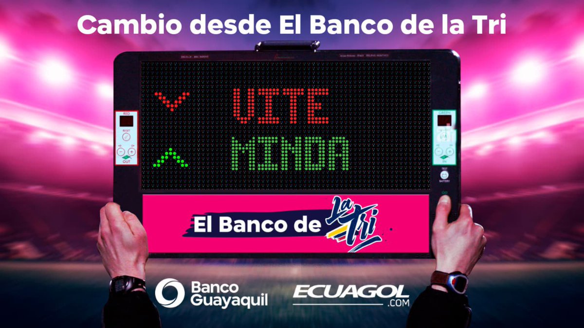 ECUAGOL's tweet image. 81’ Cambios en @LaTri: 

➡️ Alan Minda 
⬅️ Pedro Vite 

#PER 0 - 0 #ECU #Eliminatorias #Ecuagol #ElBancoDelFútbol