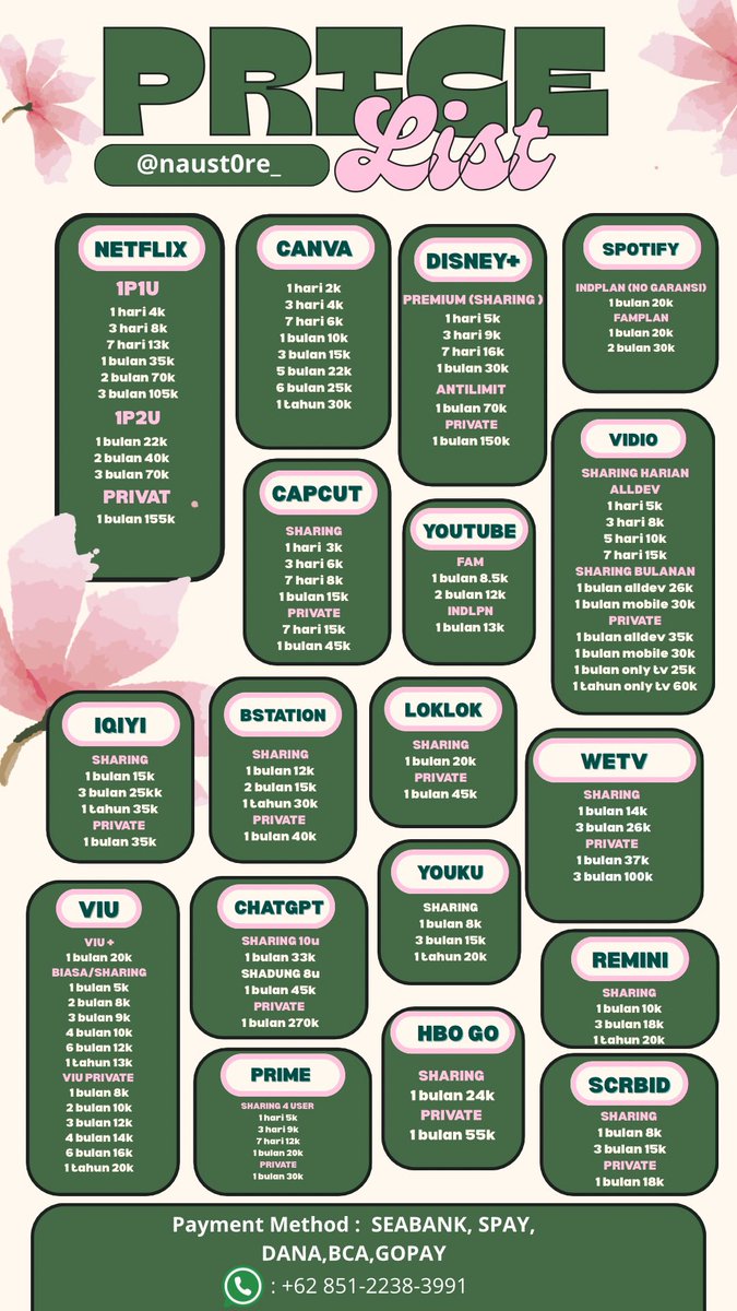 ikdding's tweet image. halo aku ridii apk premium bisa harian,sehari,bulann ada banyak apk seperti netflix, viu, canva, capcut, iqiyi, prime, disney, youtube, vido, hbo, loklok dll bisa langsung chat aku ya aku fast respon kok
💌: wa.me/6285122383991
#zonauang #zonajajan