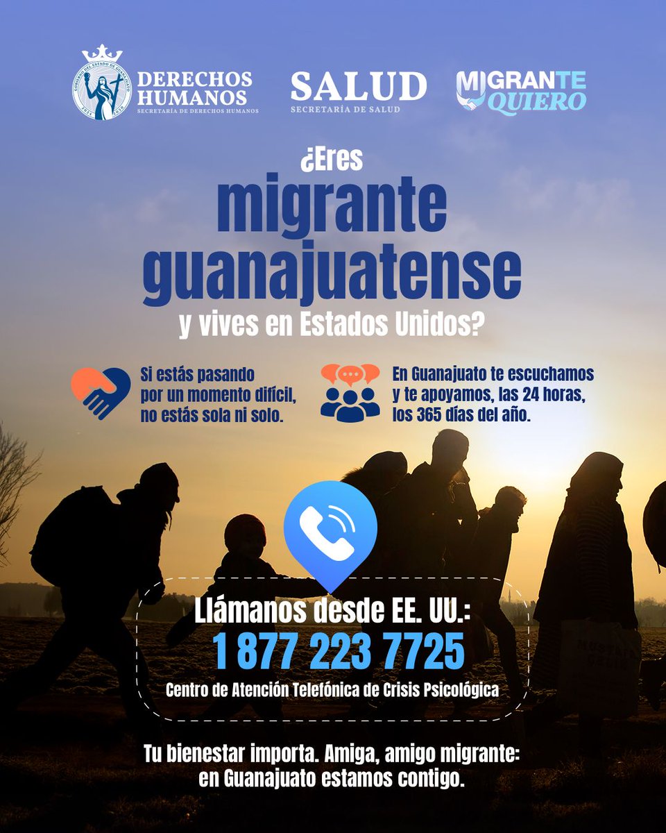 ¿Eres migrante guanajuatense y vives en Estados Unidos? Si estás pasando por un momento difícil, no estás sola ni solo. 🫂

En #Guanajuato te escuchamos y apoyamos las 24 horas, los 365 días del año con atención en temas de ansiedad, depresión, violencia y adicciones.