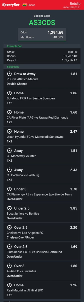 Hey check out the bet I just placed on Sportybet! sportybet.com/gh/?shareCode=…