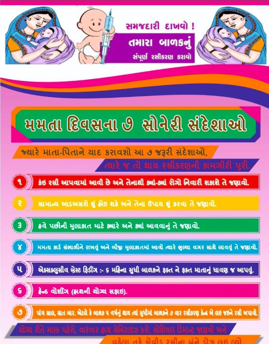 મમતા દિવસના ૭ સોનેરી સંદેશાઓ
જ્યારે માતા-પિતાને યાદ કરાવશો આ ૭ જરૂરી સંદેશાઓ...........
પાંચ સાલ, સાત બાર. એટલે કે બાળક ૫ વર્ષનું થાય ત્યાં સુધીમાં બાળકને ૭ વાર રસીકરણ કેન્દ્ર એ લઈ જઈને રસી અપાવો.

#મમતાદિવસના૭સોનેરીસંદેશાઓ

<a href="/CollectorAmr/">Collector & DM Amreli</a> <a href="/ddoamreli/">DDO Amreli</a> @GujHFWDept <a href="/NHMGujarat/">NHM Gujarat</a>