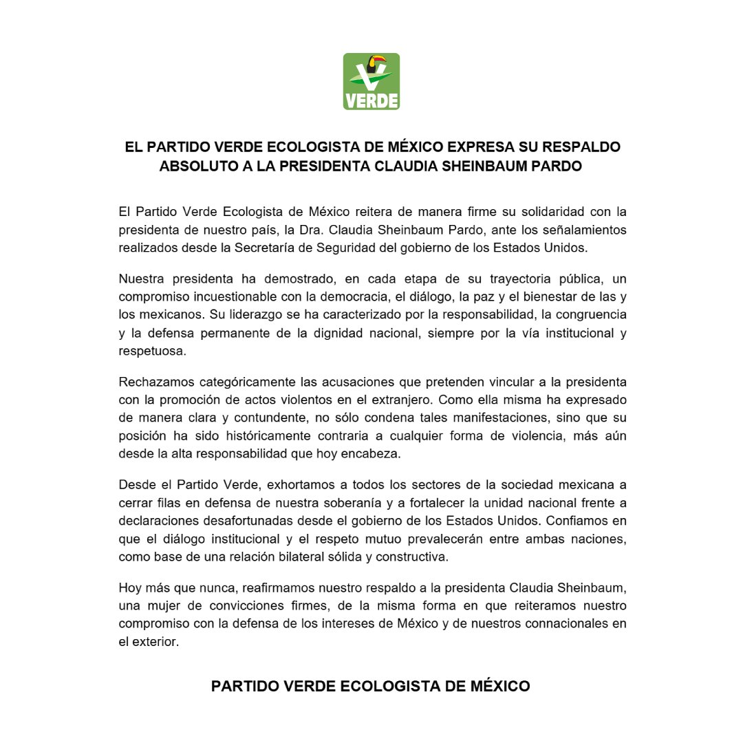 Partido Verde (@partidoverdemex) on Twitter photo Nuestro respaldo absoluto a la presidenta Claudia Sheinbaum Pardo (<a href="/Claudiashein/">Claudia Sheinbaum Pardo</a>) cuya posición ha sido históricamente contraria a cualquier forma de violencia.
Reiteramos también nuestro compromiso con la defensa de los intereses de México y de nuestros connacionales en el Nuestro respaldo absoluto a la presidenta Claudia Sheinbaum Pardo (<a href="/Claudiashein/">Claudia Sheinbaum Pardo</a>) cuya posición ha sido históricamente contraria a cualquier forma de violencia.
Reiteramos también nuestro compromiso con la defensa de los intereses de México y de nuestros connacionales en el
