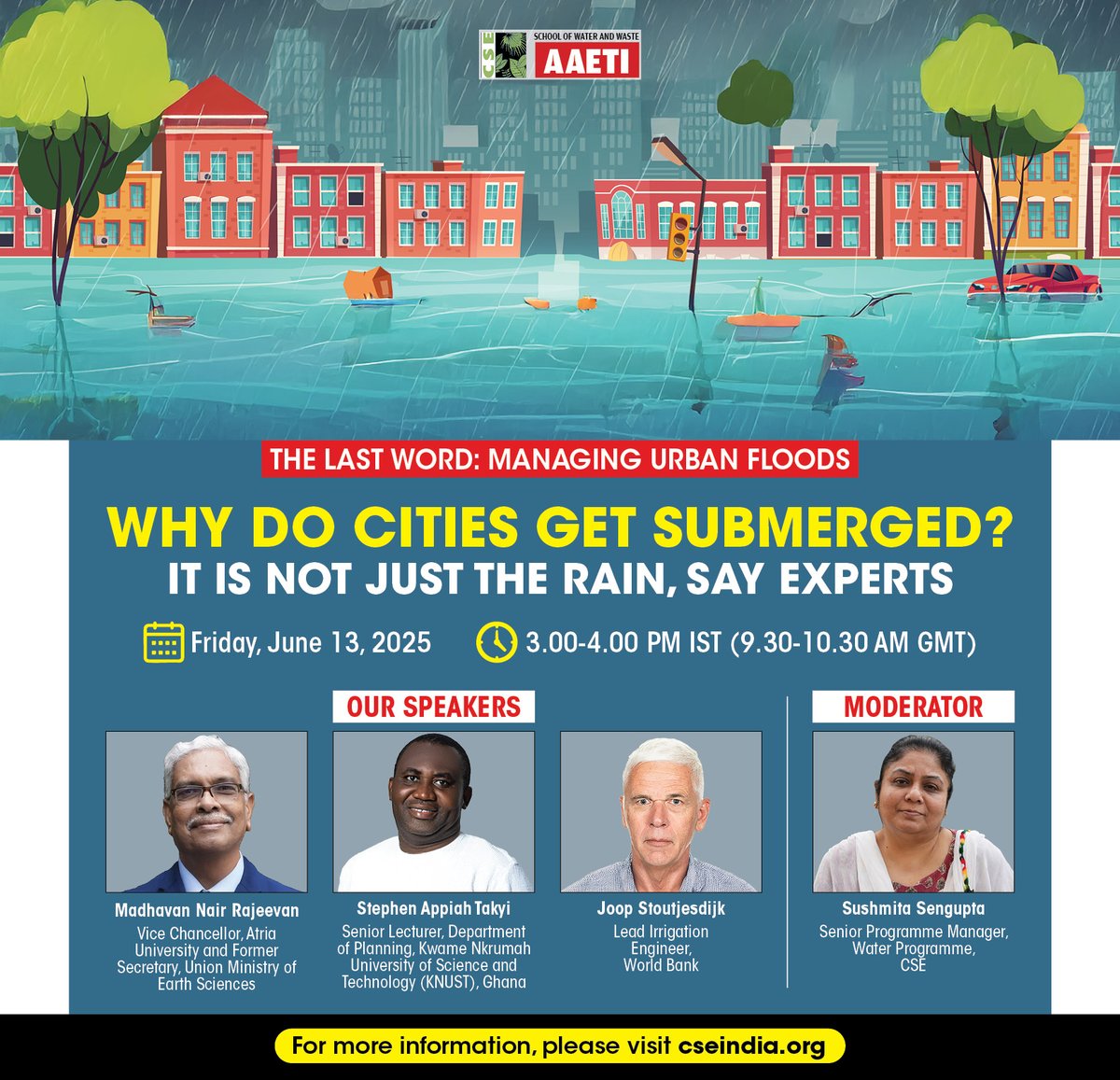 <a href="/CSEINDIA/">CSEINDIA</a> invites you to participate in the upcoming #webinar  on "Why do cities get submerged?" on #June 13, 2025- 3 to 4 PM IST. Hear from the experts why cities need to plan for the intense rainfall, the gaps in city planning and necessary solutions