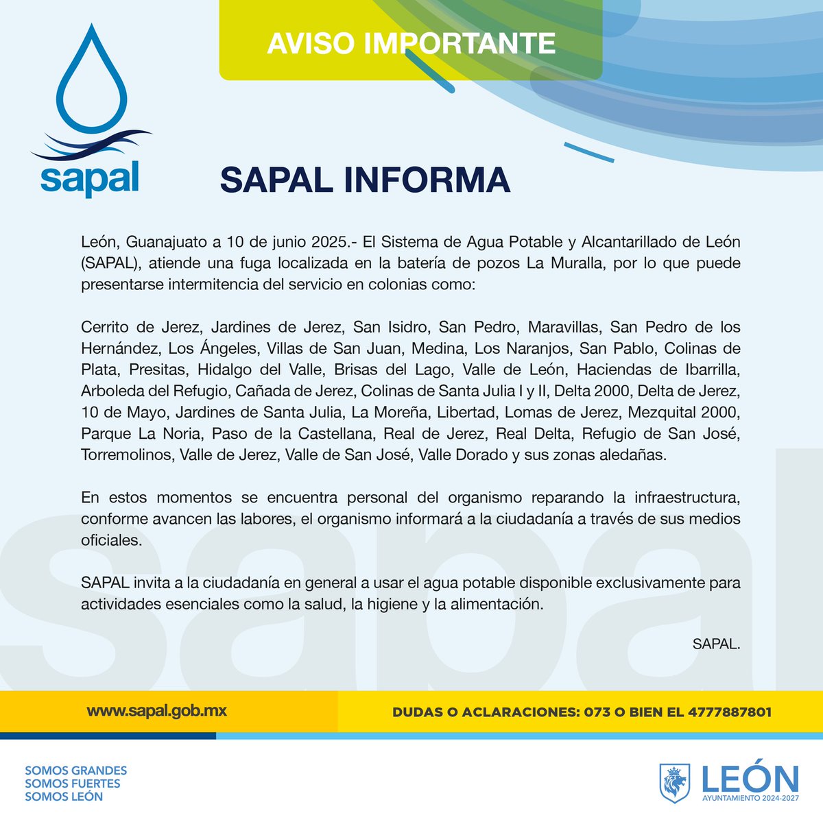 #SapalInforma⚠️ Atendemos una fuga en la batería de pozos La Muralla, el servicio de las zonas sur y oriente puede ser intermitente.
Mantenemos disponible las 24 horas del día la línea 073 y el 477 788 78 01 para reportes y dudas.
Conoce más información al respecto. ⬇️