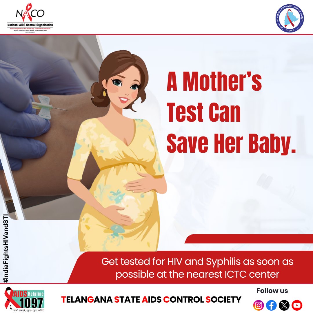 TGSACS1's tweet photo. 💡 A Mother’s Test Can Save Her Baby.
Early testing for HIV and Syphilis can prevent transmission to your child.

#IndiaFightsHIVandSTI #TestToProtect #HIVAwareness #SyphilisAwareness #HealthyMomHealthyBaby #PrenatalCare #ICTCCenter #EarlyTestEarlyCare #ProtectBothLives https://t.co/Eo1M04LDcK