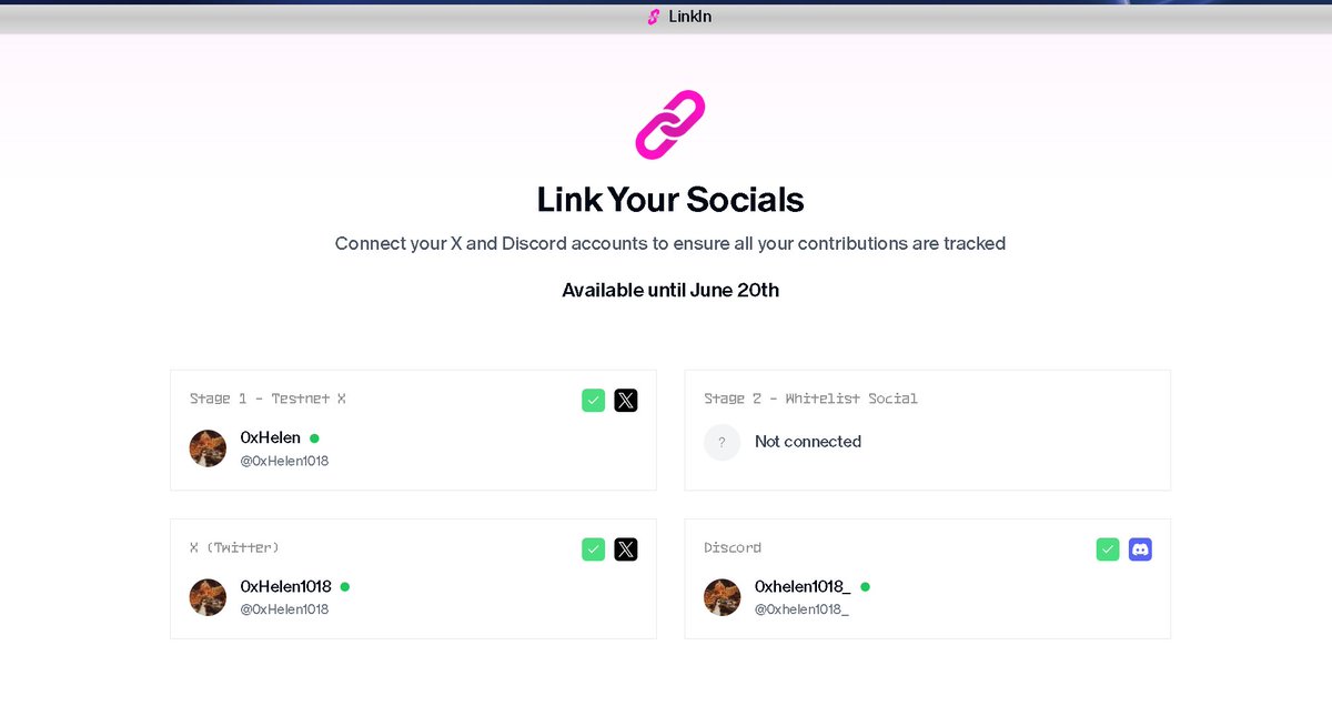v神都爱的 <a href="/SuccinctLabs/">Succinct</a> 去绑定下推特和DC账户, LinkIn App 开放到6月20号

绑定入口： testnet.succinct.xyz/link

目前第二季也快结束了，很遗憾还没拿到白。继续冲第一季的星星，Succinct 多次安利了，目前依然有参与的机会。多输出关于Succinct