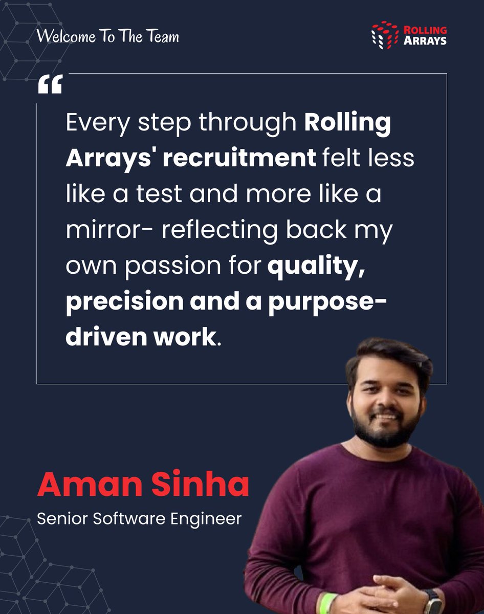 RollingArrays's tweet image. Thrilled to welcome our newest talent Aman Sinha to #TeamRA! 

His journey here perfectly mirrors our commitment to quality, precision, and purpose-driven work. We&apos;re excited to see the incredible impact he&apos;ll make! 

#WelcomeToTheTeam #NewBeginnings #NewHire #RollingArrays
