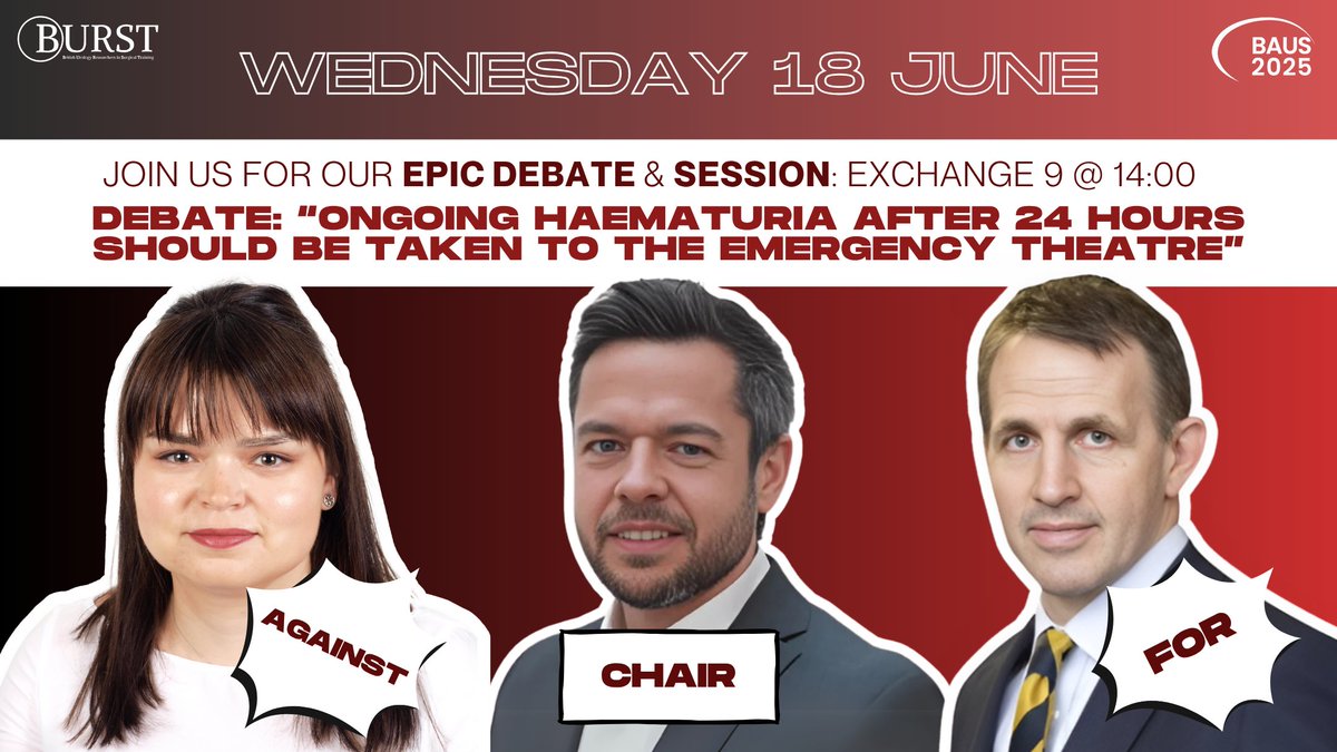BURST Urology (@bursturology) on Twitter photo ๐ฉธ Join us Wed 18 June #BAUS25 for our โก Epic Debate!
โ๏ธ "Ongoing haematuria after 24 hours should be taken to the emergency theatre..." ๐ค
๐ฅ FOR: @BenChallacombe
๐ฅ AGAINST: <a href="/b_szabados/">Bernadett Szabados</a>
๐ช CHAIR: <a href="/lambwben/">Benjamin Lamb</a>
๐ 14:00 | ๐ Exchange 9
#BURSTatBAUS #UroSoMe <a href="/BAUSurology/">BAUS</a> ๐ฉธ Join us Wed 18 June #BAUS25 for our โก Epic Debate!
โ๏ธ "Ongoing haematuria after 24 hours should be taken to the emergency theatre..." ๐ค
๐ฅ FOR: @BenChallacombe
๐ฅ AGAINST: <a href="/b_szabados/">Bernadett Szabados</a>
๐ช CHAIR: <a href="/lambwben/">Benjamin Lamb</a>
๐ 14:00 | ๐ Exchange 9
#BURSTatBAUS #UroSoMe <a href="/BAUSurology/">BAUS</a>