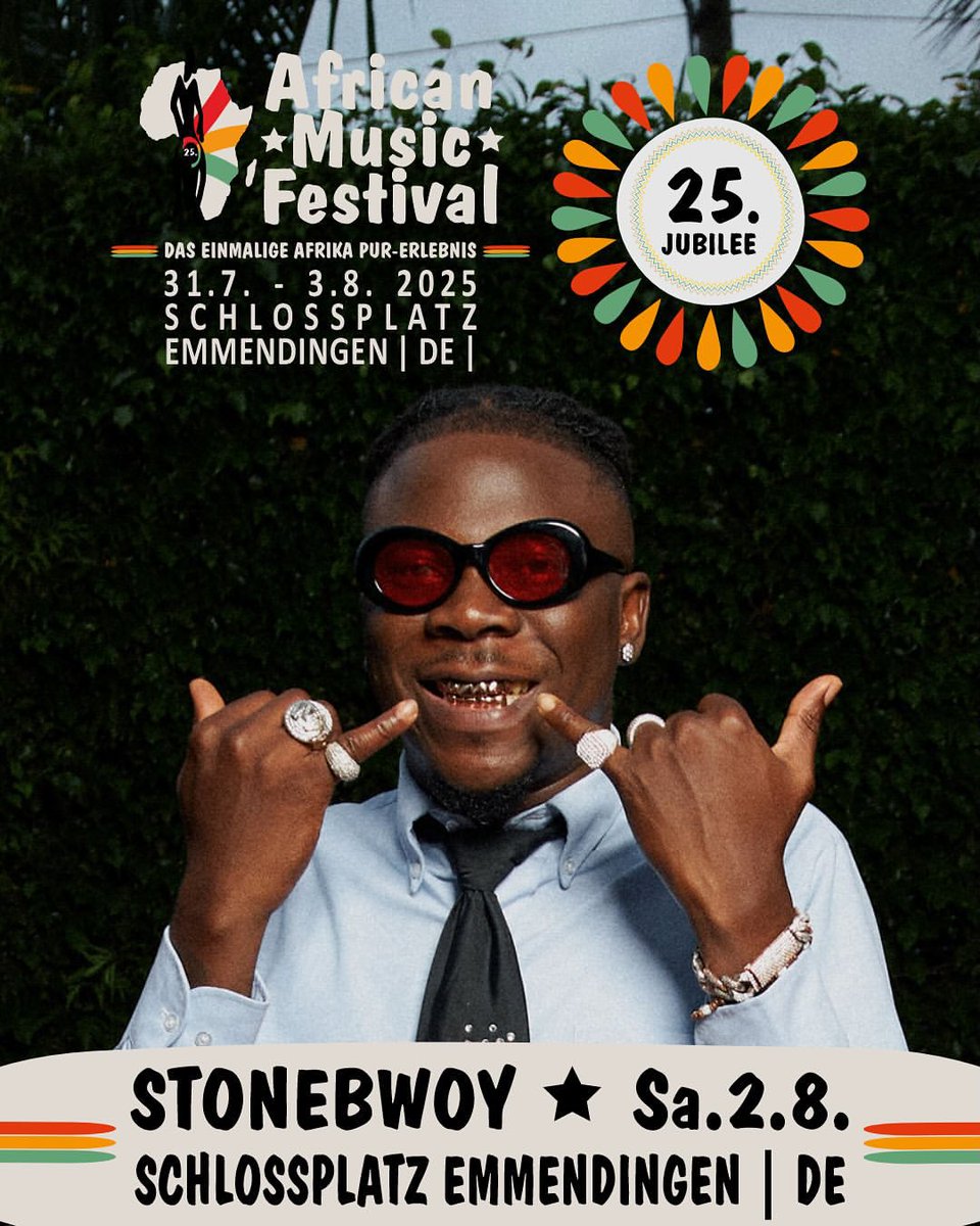 My Goat 🐐 <a href="/stonebwoy/">THE TORCHER</a> will headline the 2025 African Music Festival in Emmendingen, Germany 🇩🇪 which will take place from July 31st to August 3rd. 🇬🇭🚀 <a href="/AkosuaSerwaaJua/">1GAD’S LAST KILLER🩸</a> <a href="/BurnitonNelly/">NELLY🤩</a> <a href="/Abiiingha_/">Hon. Abiiingha 😎🇬🇭</a> <a href="/Nassagyemangjnr/">NA$</a>