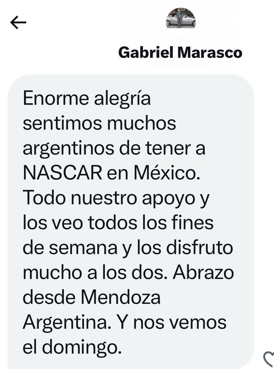 Este es el mensaje de un verdadero fan del MotorSport al que no le importan las fronteras y sabe que mexicanos y argentinos somos hermanos y no peleamos ( de los dos lados ) por tonterías.

Por eso SIEMPRE he dicho que la mejor afición del MotorSport es la de NASCAR, y así muchos