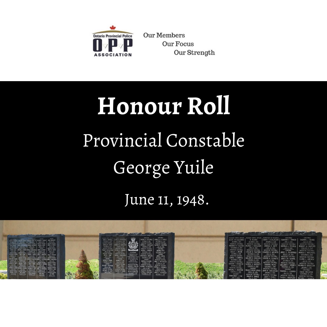 On June 11, 1948 OPP Provincial Constable George Yuile died from injuries sustained in a line of duty vehicle crash four days earlier while he was posted to Brampton. George served with the 204 Battalion in France in WWI. His service and sacrifice is never fogotten. #HeroesInLife