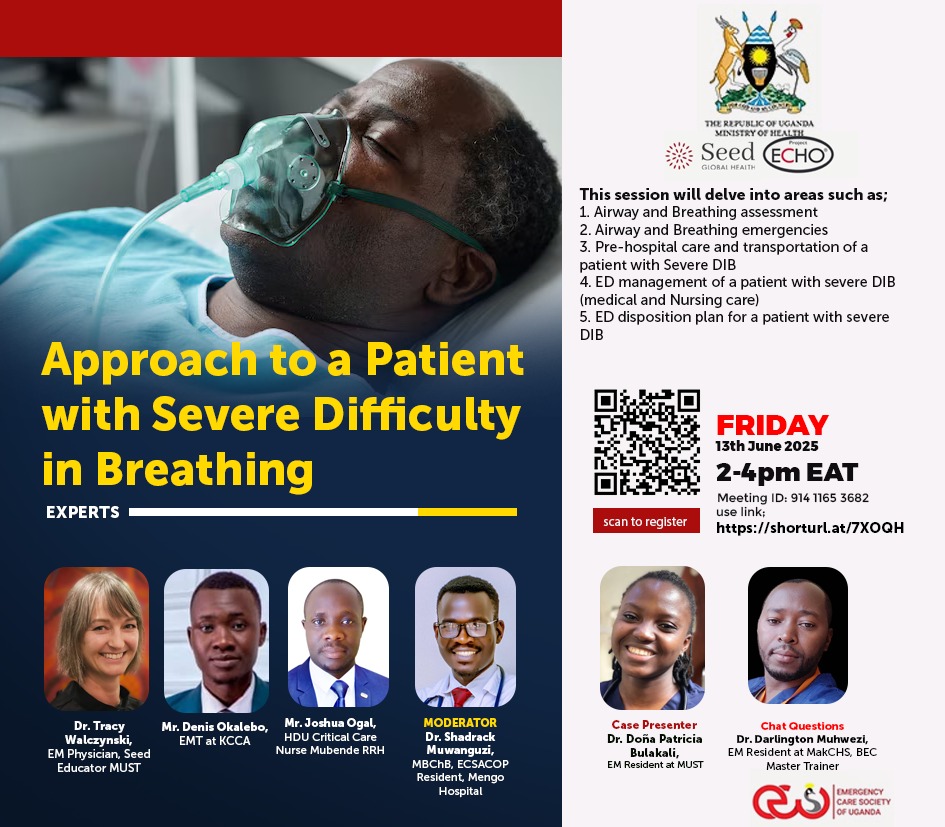 Dr. Oriba Dan Langoya (@droribadan) on Twitter photo 📢 EMS ECHO CME
📅 Date: Friday, June 13, 2025,
⏲️Time: 2-4pm EAT
Hosted by the <a href="/MinofHealthUG/">Ministry of Health- Uganda</a> Dept of EMS
Topic:
Approach to a Patient with Severe Difficulty in Breathing
🔗 Register here: seedglobalhealth-org.zoom.us/meeting/regist…
✅ CPD points will be awarded.
<a href="/seedug_learning/">Seed Global UG Training Hub</a> <a href="/MakCHS_SOM/">Makerere University School of Medicine</a> 📢 EMS ECHO CME
📅 Date: Friday, June 13, 2025,
⏲️Time: 2-4pm EAT
Hosted by the <a href="/MinofHealthUG/">Ministry of Health- Uganda</a> Dept of EMS
Topic:
Approach to a Patient with Severe Difficulty in Breathing
🔗 Register here: seedglobalhealth-org.zoom.us/meeting/regist…
✅ CPD points will be awarded.
<a href="/seedug_learning/">Seed Global UG Training Hub</a> <a href="/MakCHS_SOM/">Makerere University School of Medicine</a>