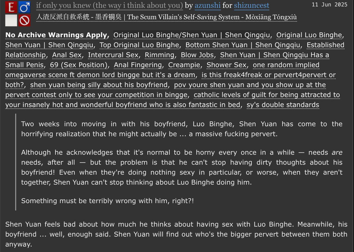 if only you knew (the way i think about you)

💭 #svsss #binggeyuan
💭 explicit, 1/2
💭 top bingge x bottom shen yuan, established relationship, sy has a small dick, anal sex, creampie, 69
💭 for @/shizuncest, happy bday to him!!
💭 pic for more info

🔗 below